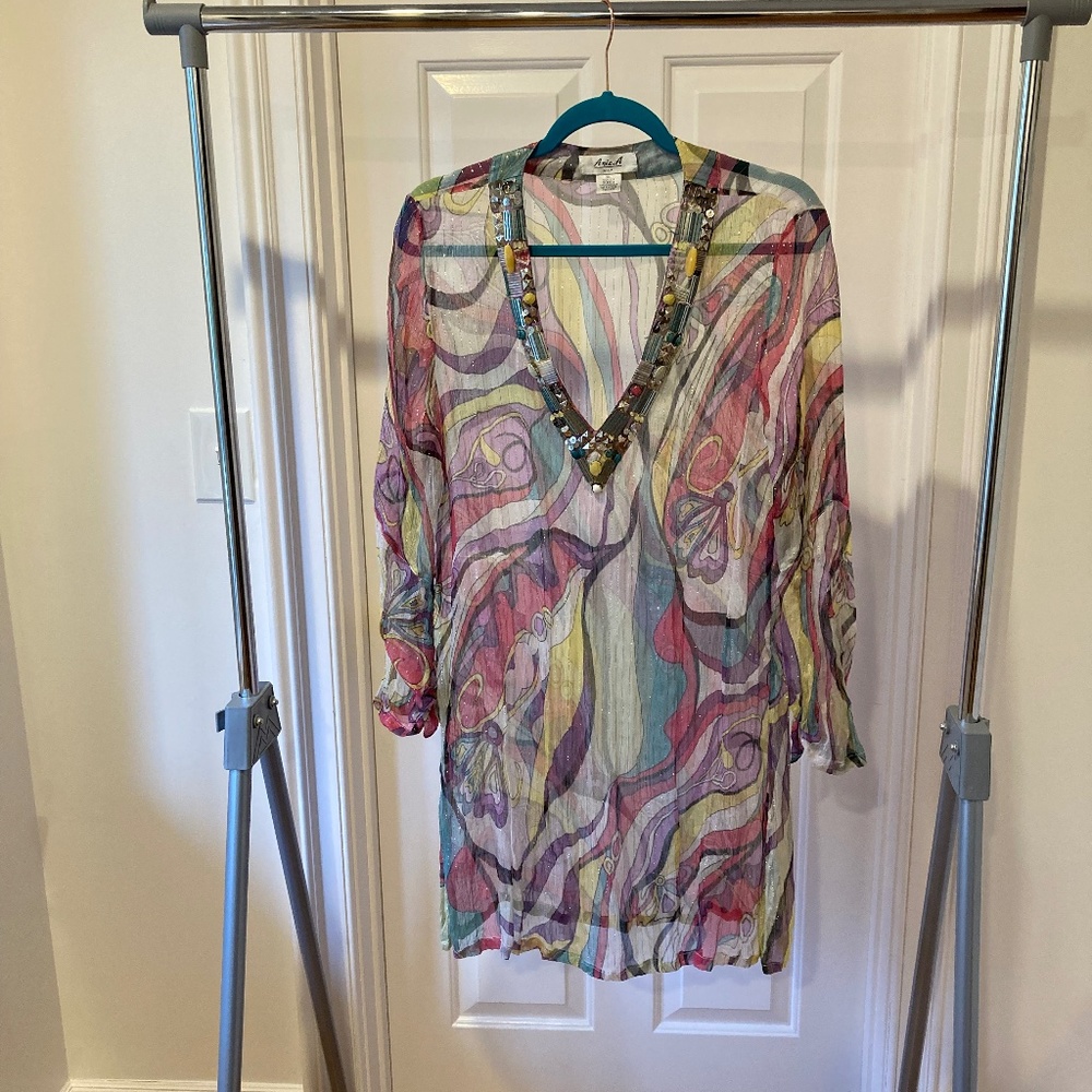 Mod print, multi-color, sheer dress/tunic/bathing suit cover-up.  One size.